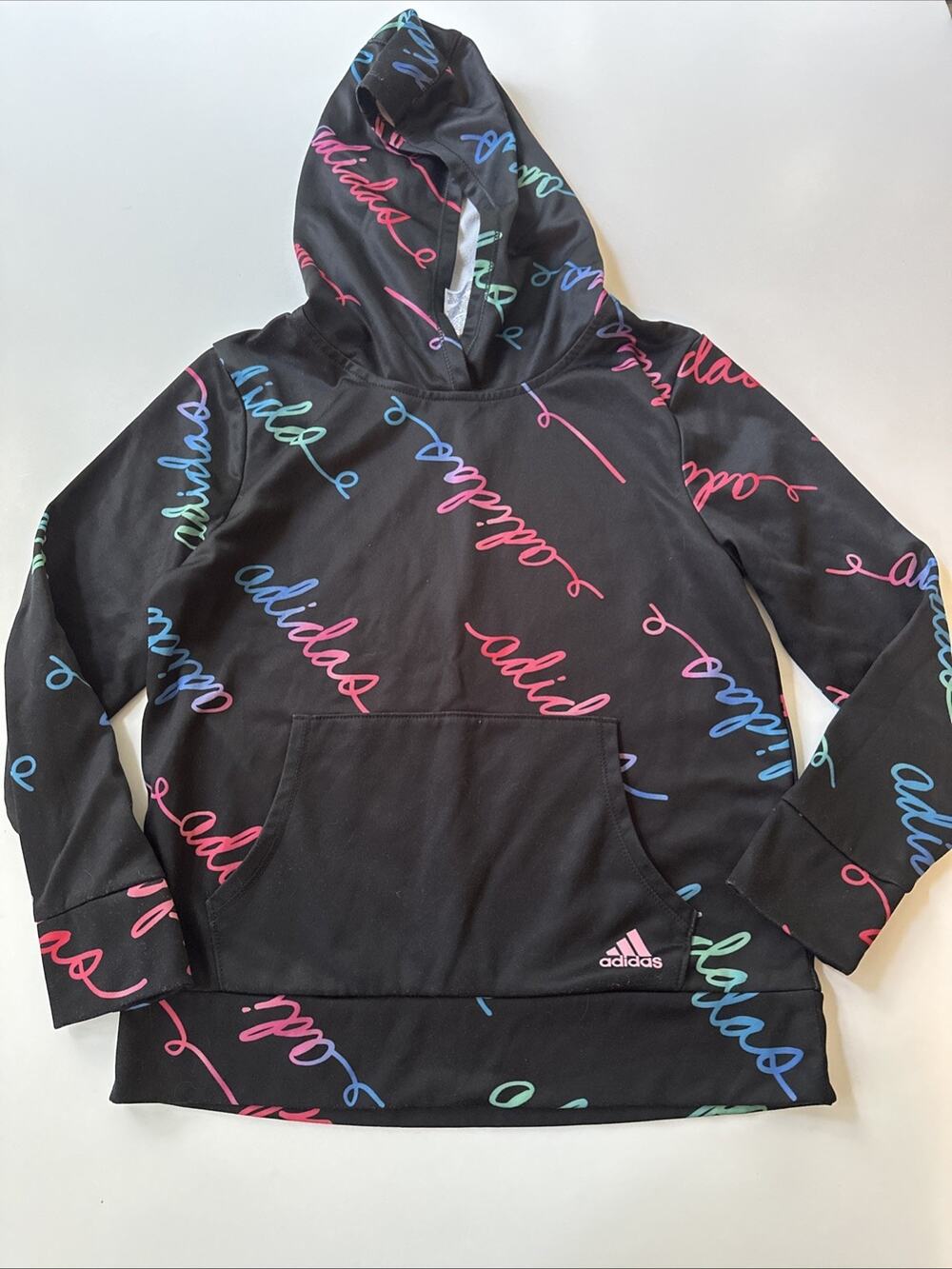 adidas Girls Black Hoodie Multicolor Neon Script Logo Size M 10/12